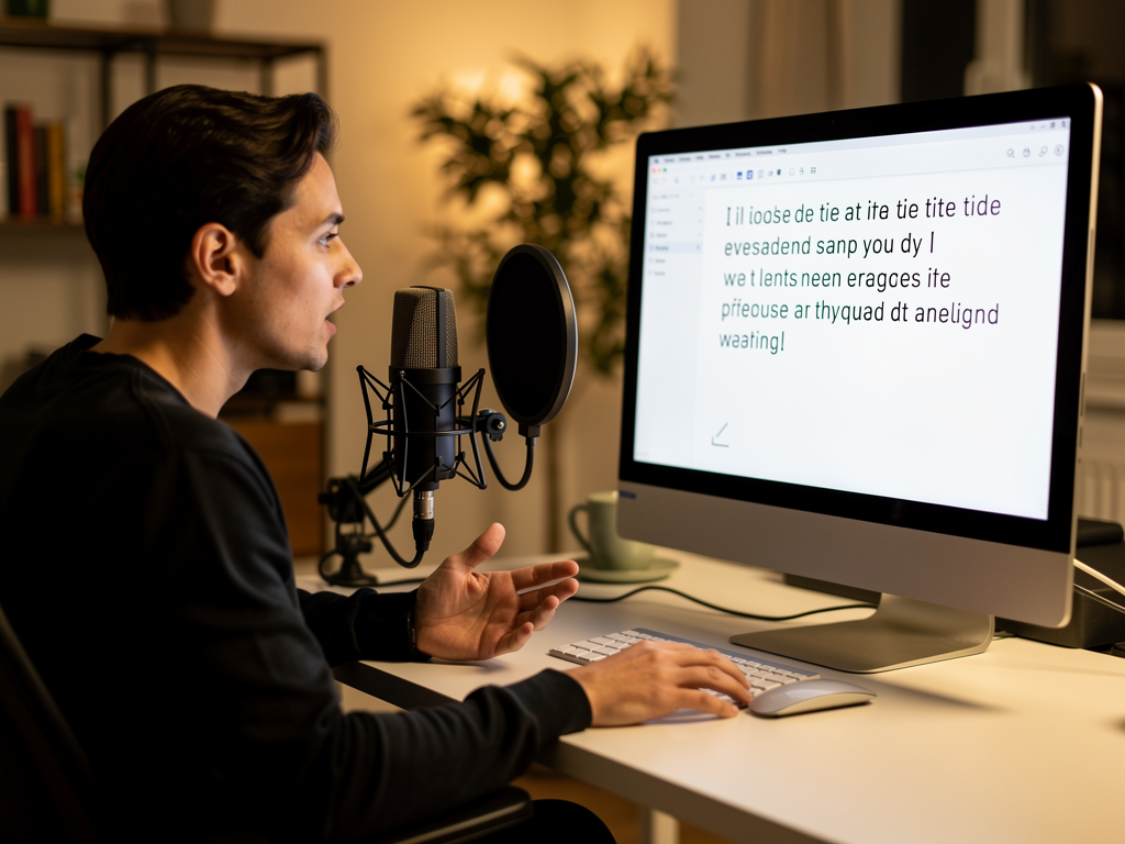 A person speaking into a microphone, with a computer screen displaying text appearing in real-time as they dictate.