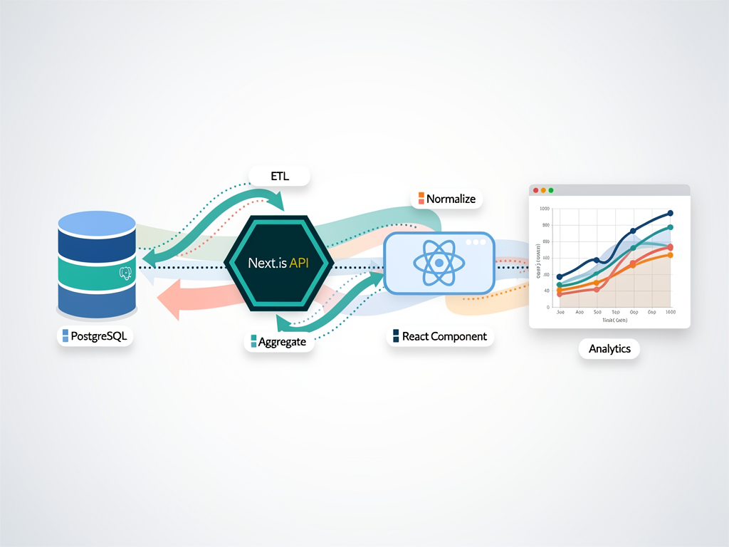 Data flow diagram illustrating the journey from PostgreSQL database through a Next.js API route that aggregates and formats data, to a React component that transforms the response into Chart.js configuration, finally rendering as an interactive line chart, with labeled arrows showing data transformation at each step