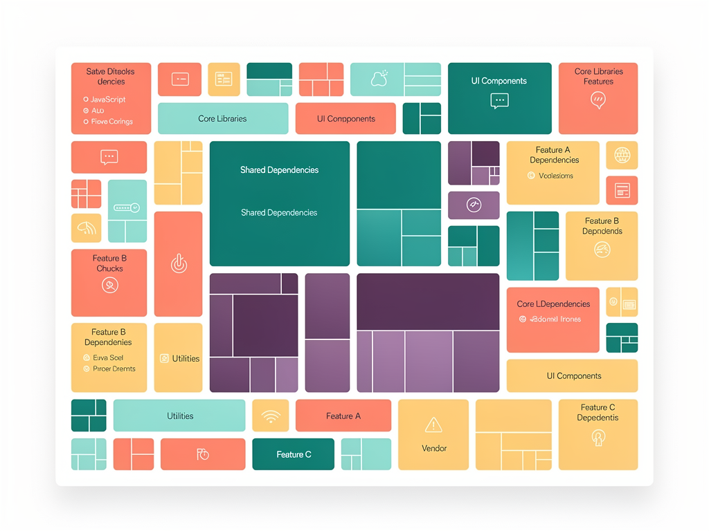 Bundle analysis visualization showing a treemap of JavaScript chunks in a Next.js SaaS application, with different colors representing different modules, size proportional to file size, and labels showing chunk names and sizes in kilobytes, demonstrating effective code splitting with the largest chunks being shared dependencies