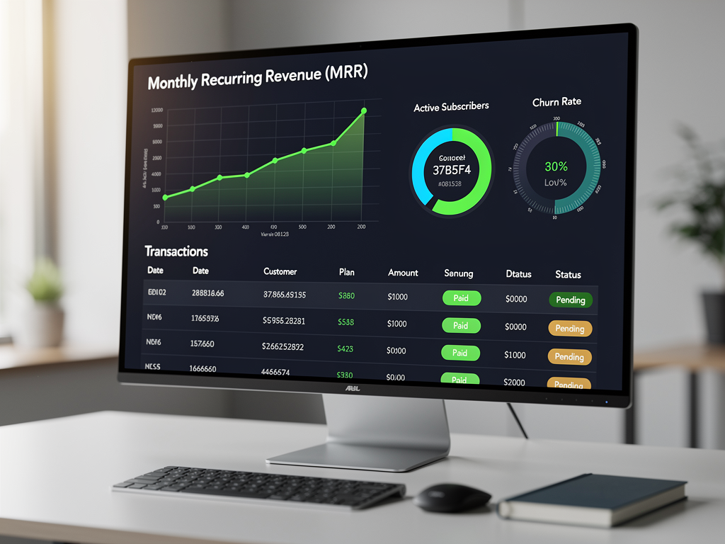 Subscription billing dashboard interface displaying monthly recurring revenue chart, active subscriber count, churn rate metrics, and recent transaction list with status indicators, presented in professional analytics style with green and blue data visualizations