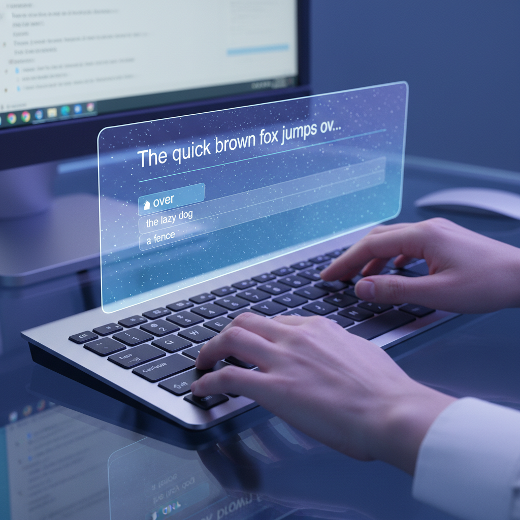 A close-up, high-angle shot of a person's hands typing on a modern, sleek desktop keyboard, with a holographic, translucent overlay above the keyboard displaying predictive text suggestions and subtle text corrections in real-time, set against a soft-focus background of a desktop monitor showing a word processing application, illuminated by cool, futuristic blue and purple light, conveying a sense of advanced technology and efficiency, in a photorealistic editorial photograph style.