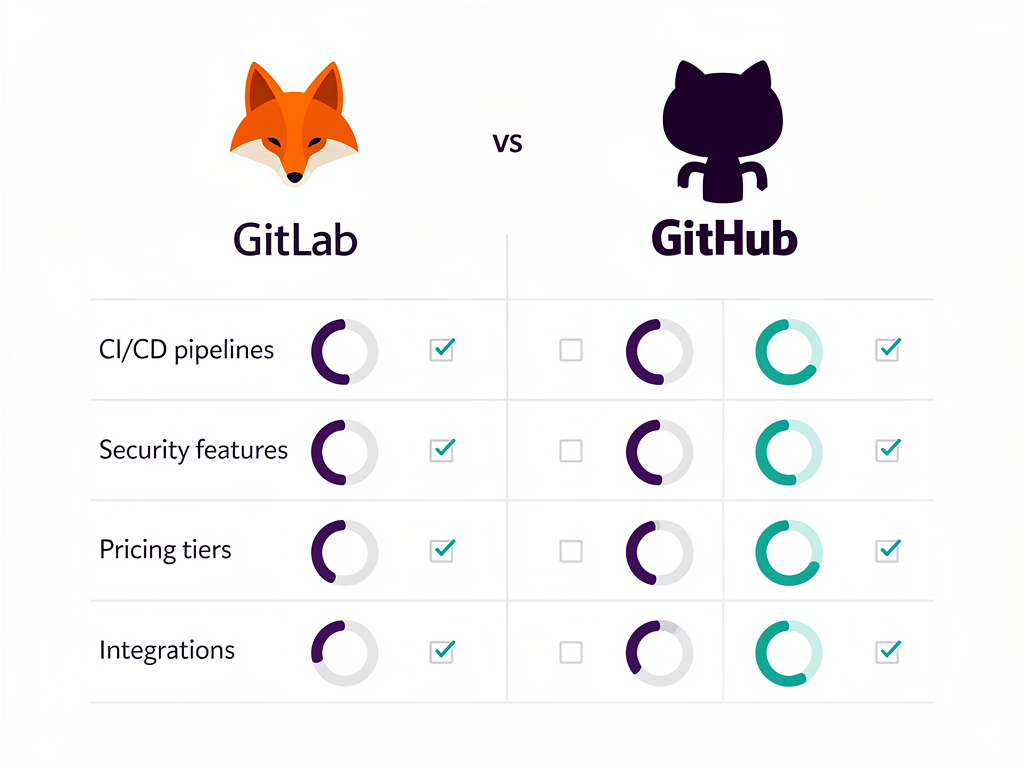 Evaluation checklist infographic with scoring matrix for comparing GitHub and GitLab across categories like CI/CD, security, pricing, integrations, and ease of use, with empty checkboxes and rating scales for teams to fill in