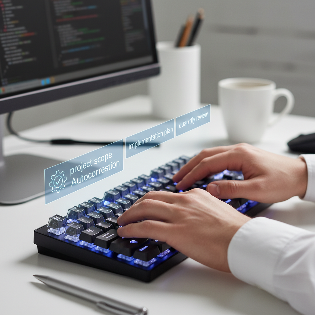 A close-up, eye-level shot of a person's hands typing on a modern, back-lit computer keyboard, with a glowing, subtle blue-hued digital overlay above the keyboard showcasing predictive text suggestions and a small, stylized icon representing system-wide autocorrection, emphasizing efficiency and accuracy in a professional, clean office environment, presented as a photorealistic editorial photograph with a shallow depth of field.