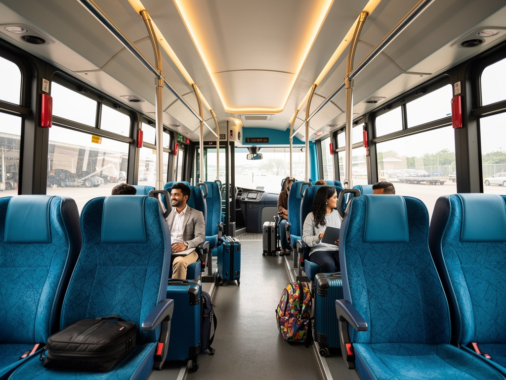 Interior view of a Vayu Vajra bus showing comfortable passenger seating with blue upholstery, wide windows letting in natural light, and dedicated luggage storage areas, creating a clean and modern transit environment