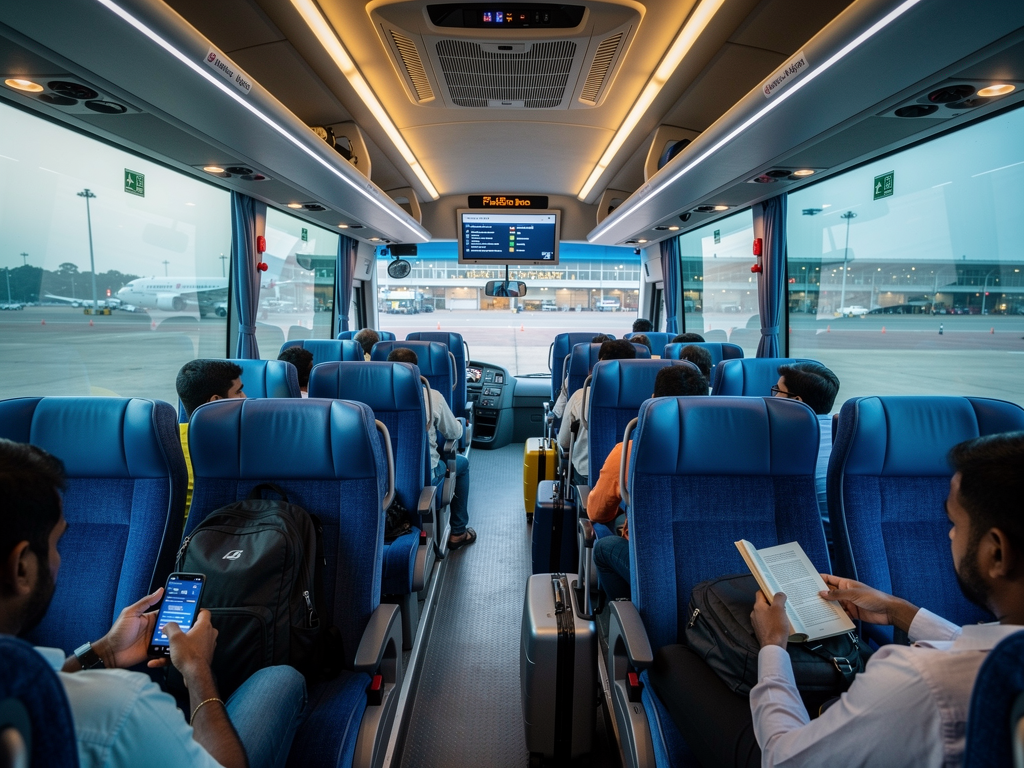 Interior view of a BMTC Vayu Vajra Volvo bus showing comfortable seating, air conditioning vents, and passengers traveling to Bangalore airport