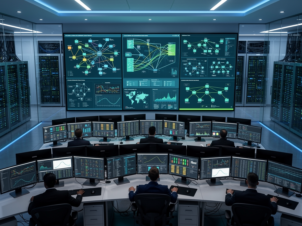 A network operations center with multiple monitoring screens displaying network topology diagrams and traffic analysis, IT professionals working at stations with blue ambient lighting reflecting off glass surfaces, creating a high-tech surveillance atmosphere