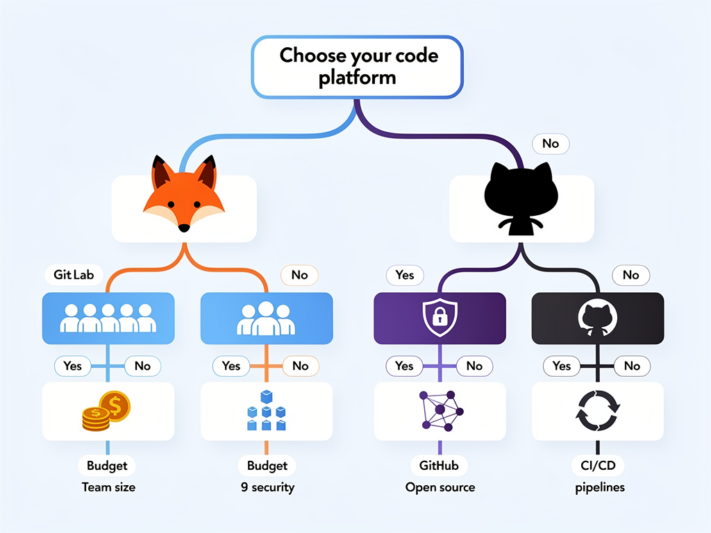 Decision tree infographic helping teams choose between GitHub and GitLab based on factors like team size, budget, security requirements, open-source involvement, and CI/CD complexity, with clear yes/no branches leading to platform recommendations
