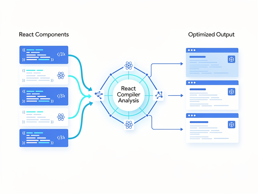 Diagram showing the transformation from developer-written React code to compiler-optimized output, with arrows indicating the build-time analysis phase where static analysis identifies memoization opportunities, rendered in clean infographic style with blue and white color scheme