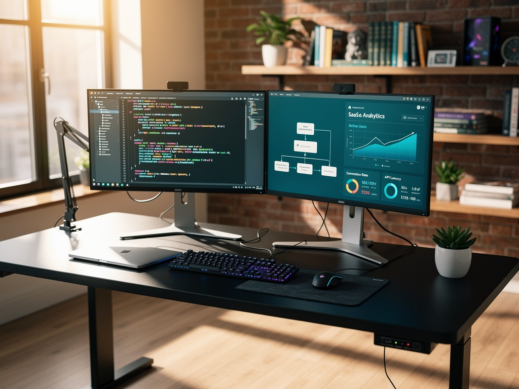 Modern software development workspace showing multiple monitors displaying code editors, database schemas, and SaaS dashboard interfaces, with natural lighting creating a productive atmosphere and emphasizing the complexity of building platforms from scratch