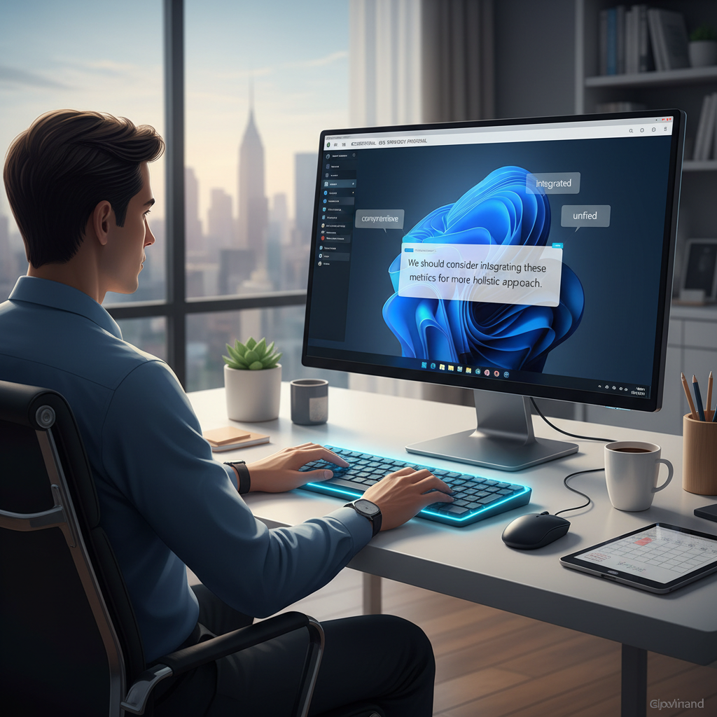 A professional typing an important email on their Windows desktop, with AutoCorrect PC's predictive text suggestions appearing subtly, demonstrating enhanced productivity