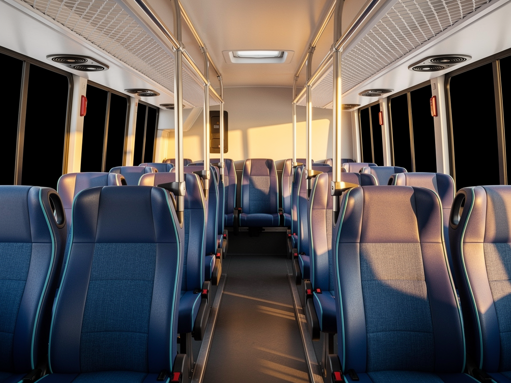 Interior view of a Vayu Vajra Volvo bus showing comfortable blue fabric seats, overhead luggage racks, and air conditioning vents, with morning light streaming through tinted windows