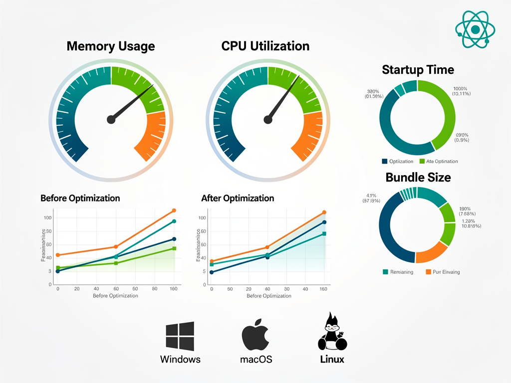 Performance metrics dashboard showing Electron application memory usage, CPU utilization, startup time, and bundle size with optimization recommendations, gauge charts and trend lines, before and after comparison sections, clean data visualization style