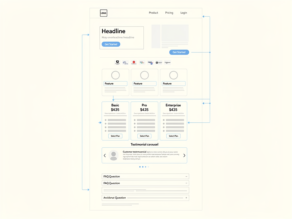 Detailed wireframe diagram showing the vertical flow of a SaaS landing page with labeled sections including navigation bar, hero with headline and CTA, social proof bar, feature grid, pricing table, testimonial carousel, FAQ accordion, and footer with secondary CTAs