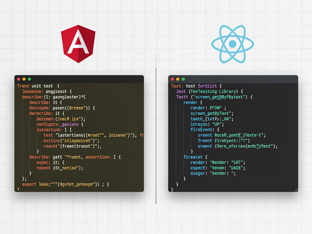 Side-by-side code comparison showing Angular test file structure with Jasmine syntax on the left and React test file with Jest and Testing Library on the right, with clean formatting and syntax highlighting