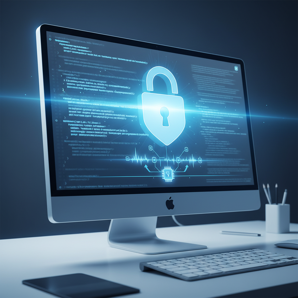 A padlock icon overlaid on a stylized representation of a computer screen with text, emphasizing data security and local processing for privacy.