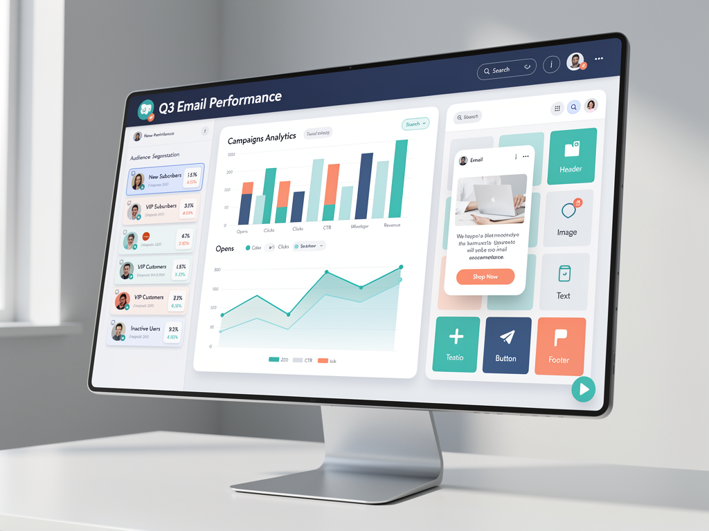 Email campaign dashboard showing sent campaigns with open rates and click-through statistics, a visual email editor with drag-and-drop blocks, and audience segmentation options, displayed in a marketing automation interface style