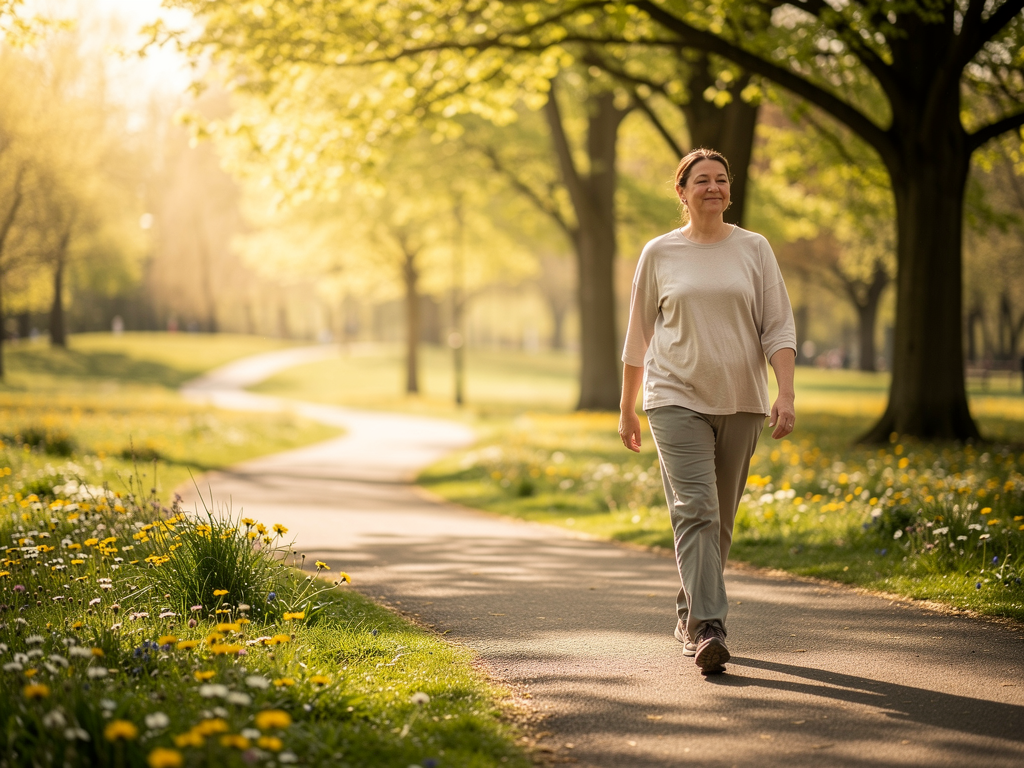 A person walking confidently through a sunlit park, looking relaxed and present in the moment, trees and flowers creating a peaceful natural setting that suggests freedom and wellbeing after successful treatment
