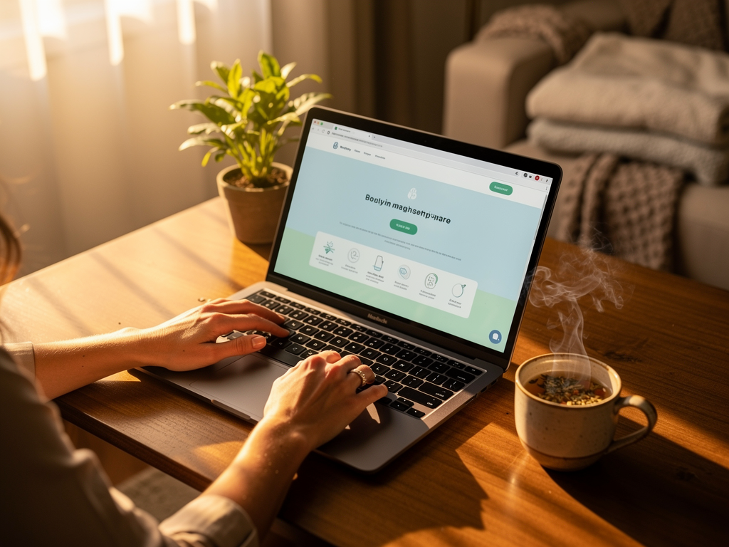 A laptop screen showing a calming digital interface in a cosy home office setting, with a cup of tea nearby and soft ambient lighting, suggesting accessible online mental health support