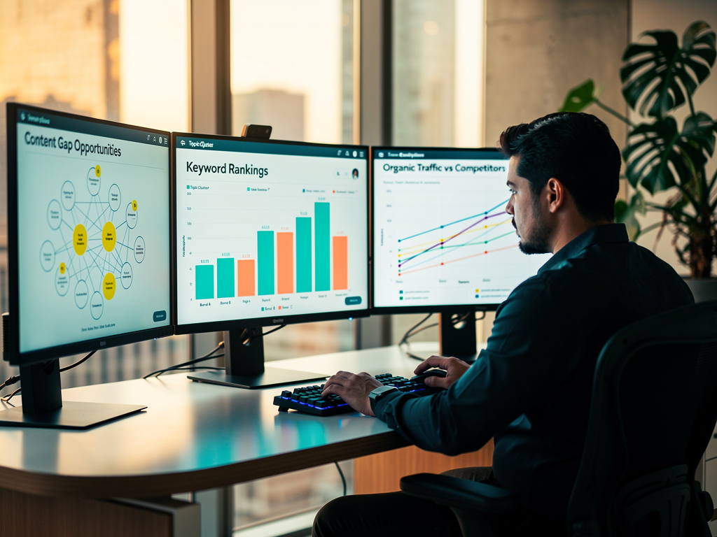 Digital marketing professional analyzing competitor SEO data on multiple monitors, with colorful charts and graphs displaying keyword rankings, traffic trends, and content gap visualizations in a modern office setting with natural lighting