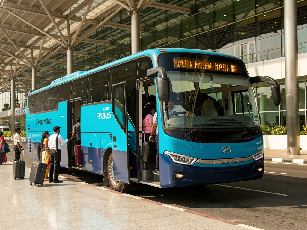 A premium KSRTC Flybus Volvo coach parked at the departure area of Kempegowda International Airport Terminal 2, with passengers boarding through the front door, modern glass terminal building visible in the background, bright daylight illuminating the cyan blue bus livery