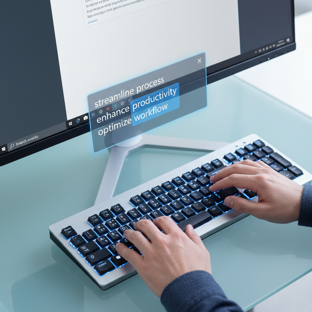 A close-up, high-angle shot of a person's hands typing on a modern, back-lit keyboard, with a glowing, semi-transparent overlay on the screen above the keyboard displaying predictive text suggestions in a clean, sans-serif font, indicating faster typing on a Windows operating system. The screen shows a generic document or email interface, with the predictive text suggestions subtly highlighted, suggesting efficiency and productivity. The lighting is bright and contemporary, with a cool blue and white color palette, conveying a professional and futuristic mood. This is a photorealistic editorial photograph.