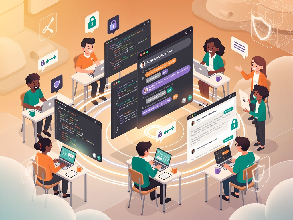 Illustration of developer community collaboration, showing multiple developers contributing to an open-source project with code review comments, pull requests, and documentation updates displayed on interconnected screens, rendered in a warm collaborative style with diverse developer avatars
