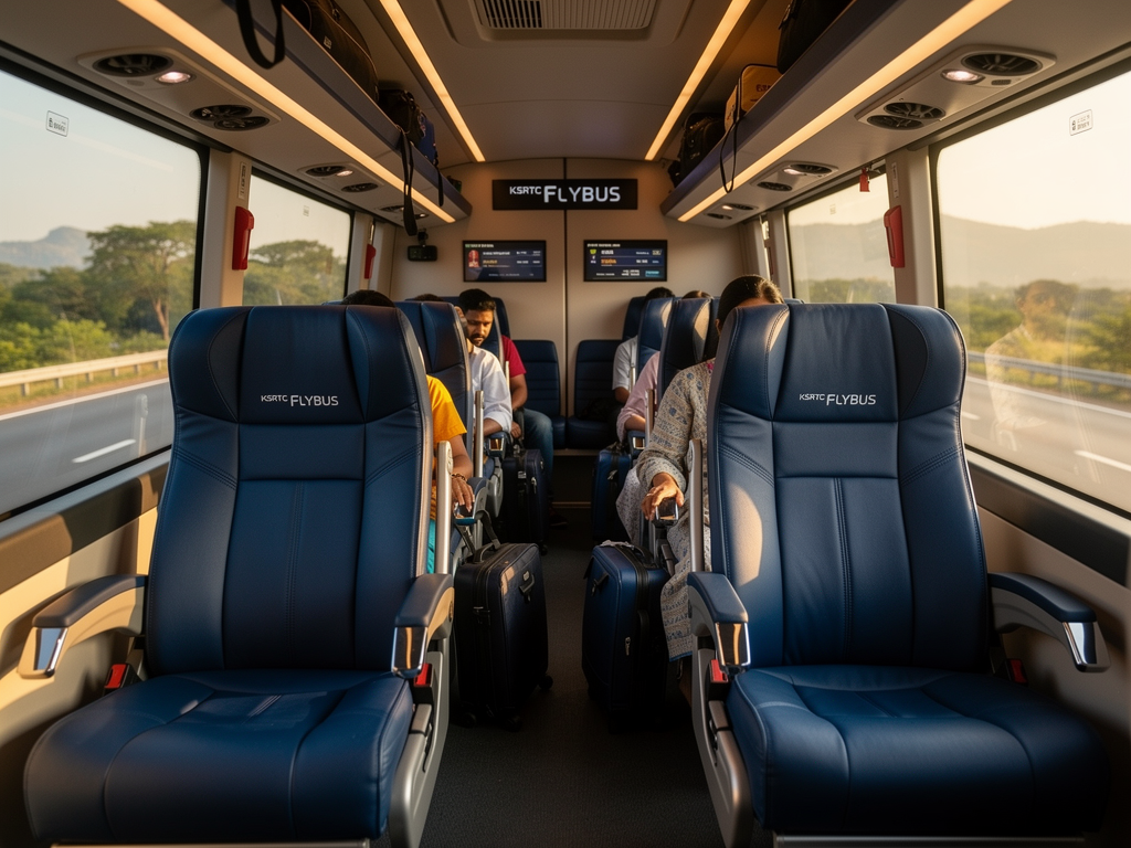 Interior view of a KSRTC FlyBus Volvo multi-axle bus showing comfortable reclining seats, air conditioning vents, and spacious legroom with passengers settling in for their journey