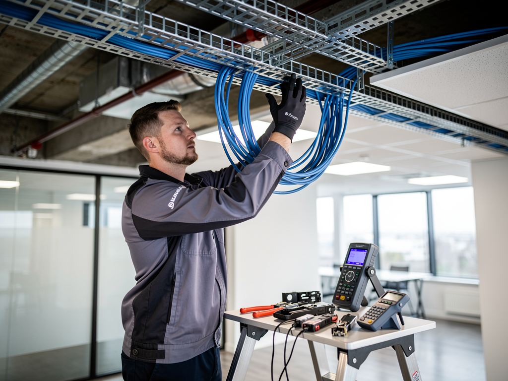 An installation technician running network cables through ceiling infrastructure in a commercial building, with cable testing equipment visible and professional tools organized nearby, natural lighting from windows