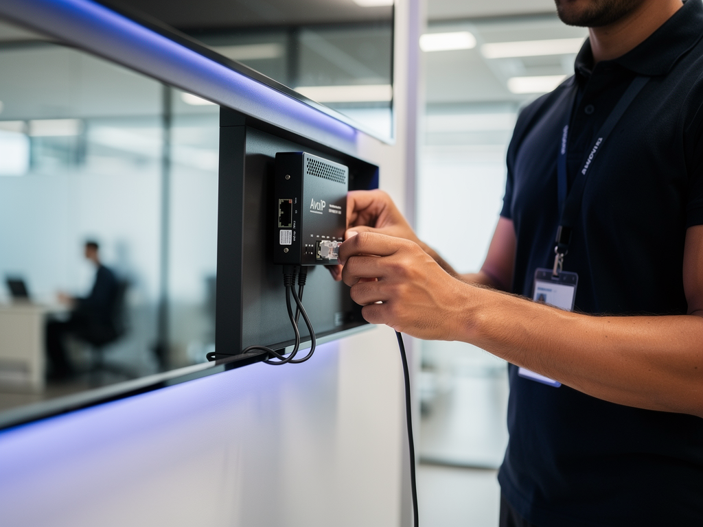 Technician installing a compact AVoIP encoder behind a wall-mounted display, connecting a single Ethernet cable that provides both data and power, demonstrating the clean installation possible with PoE-powered devices