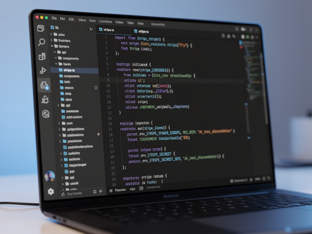 Code editor showing Next.js project structure with Stripe integration files highlighted, including lib/stripe.ts configuration file, API route handlers, and environment variable setup in a VS Code dark theme interface