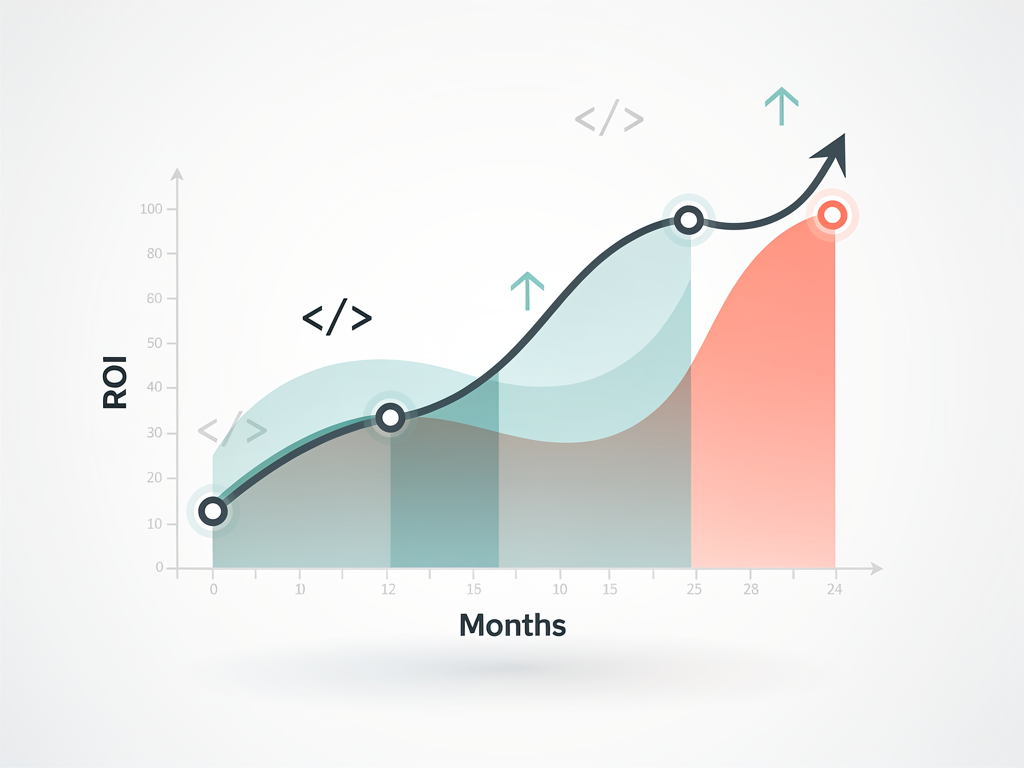ROI timeline graph showing TypeScript investment versus returns over 24 months, with initial learning curve dip followed by steady productivity gains, illustrated with clean line chart and milestone annotations