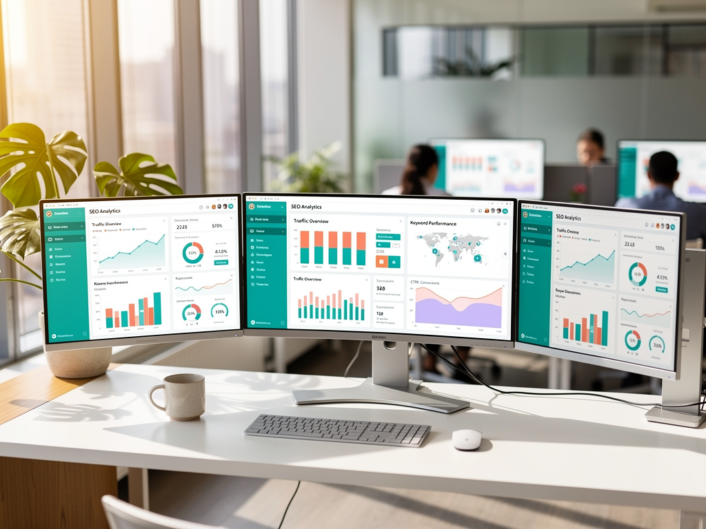 Modern digital marketing workspace showing multiple computer monitors displaying SEO analytics dashboards, keyword research data, and content optimization scores in a bright, professional office environment with natural lighting