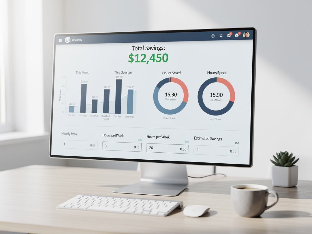 Calculator interface showing ROI comparison between building from scratch versus using a starter kit, with hours saved, hourly rate inputs, and total savings calculation displayed, clean financial dashboard style