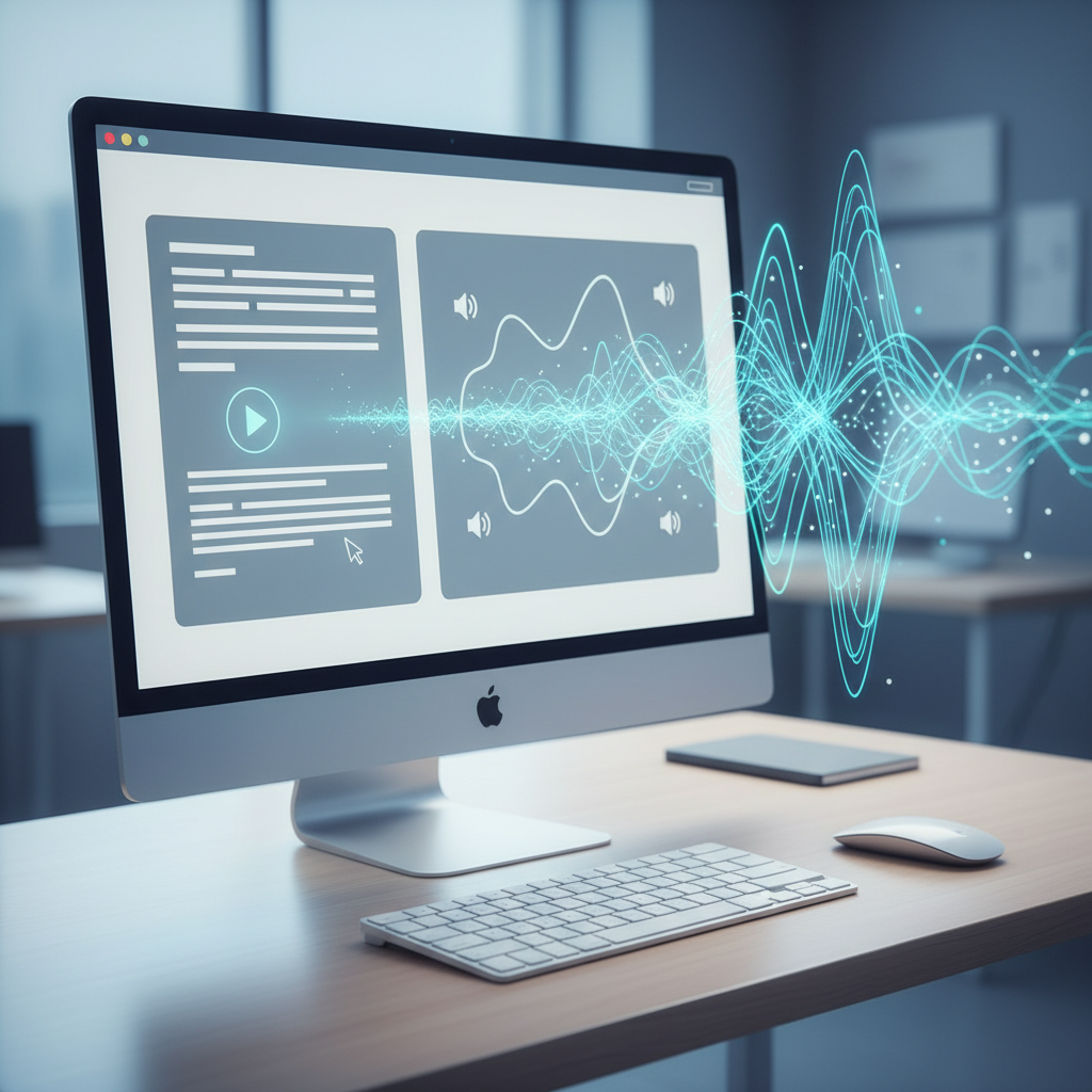 A professional, clean editorial illustration of a stylized, glowing sound wave emanating from a computer monitor displaying a generic application window, with subtle visual cues of text being converted to speech. The monitor is situated on a modern desk with a minimalist aesthetic, perhaps a sleek keyboard and mouse nearby. The color palette is cool and technological, featuring blues, greens, and whites, with soft, ambient lighting. The composition is a medium shot, slightly from above, focusing on the interaction between the screen and the emerging sound. The mood is innovative and efficient, suitable for a technology review.