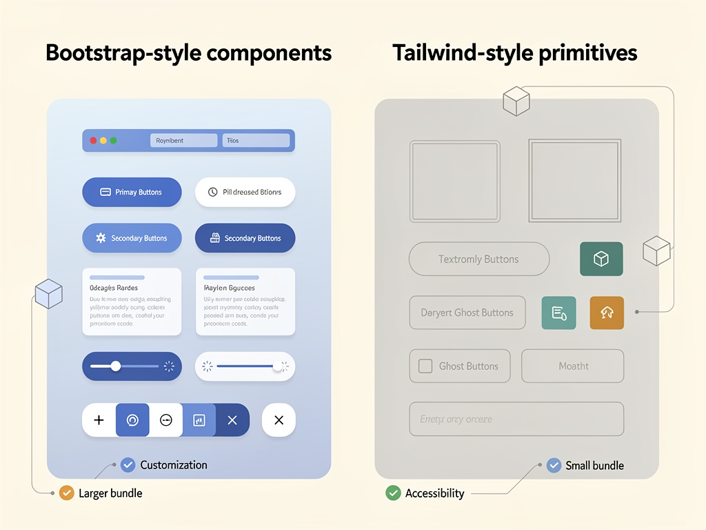 Infographic comparing React Bootstrap and Shadcn UI component libraries side by side, showing key differences in styling approach, bundle size, customization flexibility, and ideal use cases with clean iconography and data visualization elements on a light background