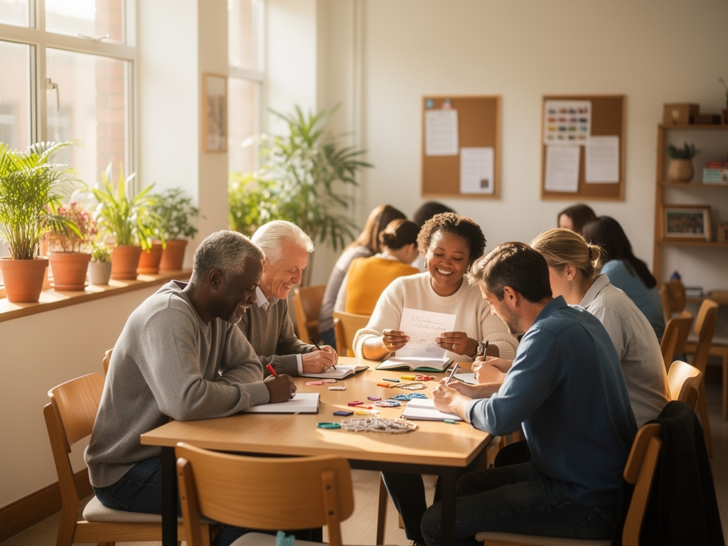 A group of diverse adults participating in a community workshop or class in a bright UK community centre, engaged in learning together, representing the social connections and new experiences that support self-esteem development