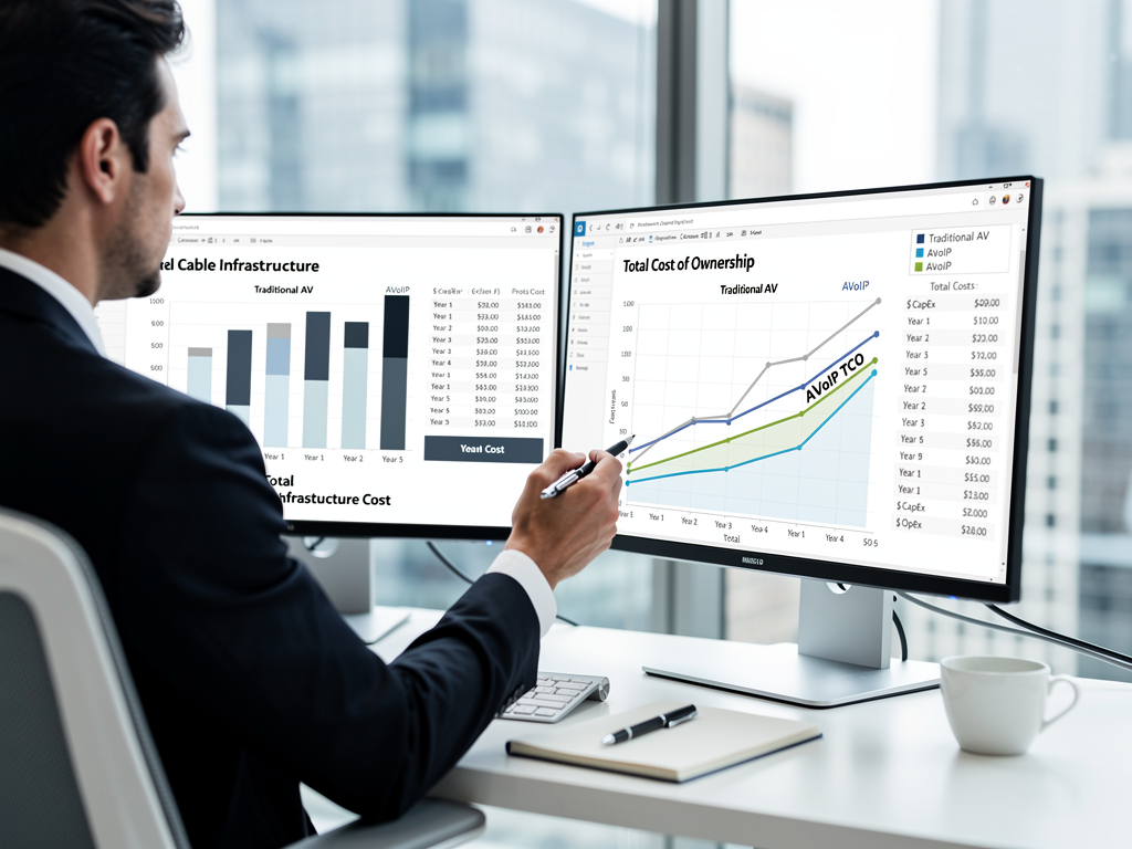 A financial analyst reviewing cost comparison spreadsheets on dual monitors in a corporate office, with charts showing traditional AV versus AVoIP infrastructure costs over a five-year period