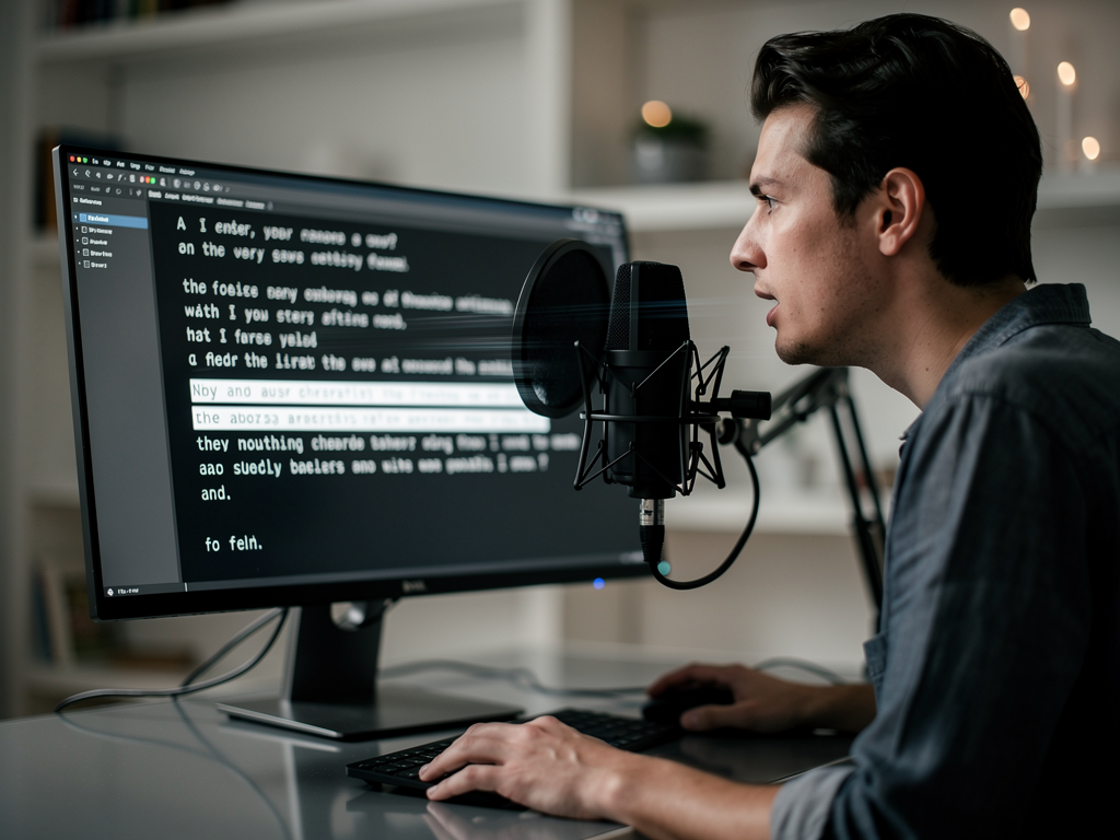 A person speaking into a microphone, with a computer screen displaying text appearing in real-time as they dictate.