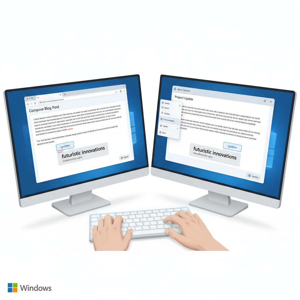 A split screen view on a Windows desktop, showing a user seamlessly typing in both a web browser and a desktop email client, with consistent predictive text and autocorrect suggestions appearing in both applications, demonstrating system-wide integration.