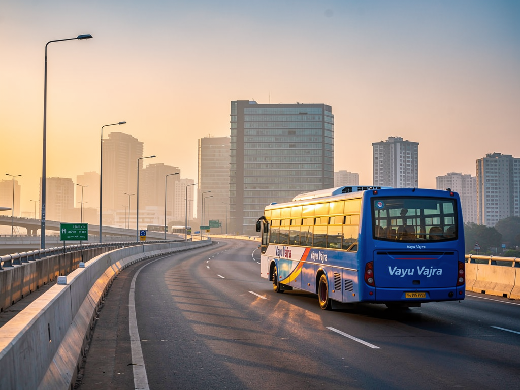 A Vayu Vajra bus traveling on the elevated airport expressway with the Bangalore city skyline visible in the background, captured during golden hour with warm sunlight reflecting off the bus windows and modern infrastructure