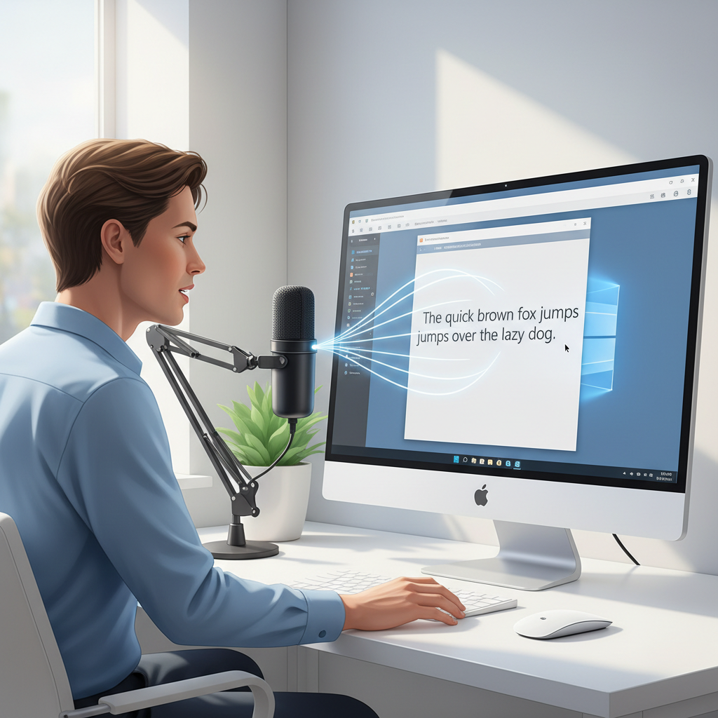 A user dictating into a microphone, with their spoken words appearing instantly in a document on their Windows 11 screen via voice typing.