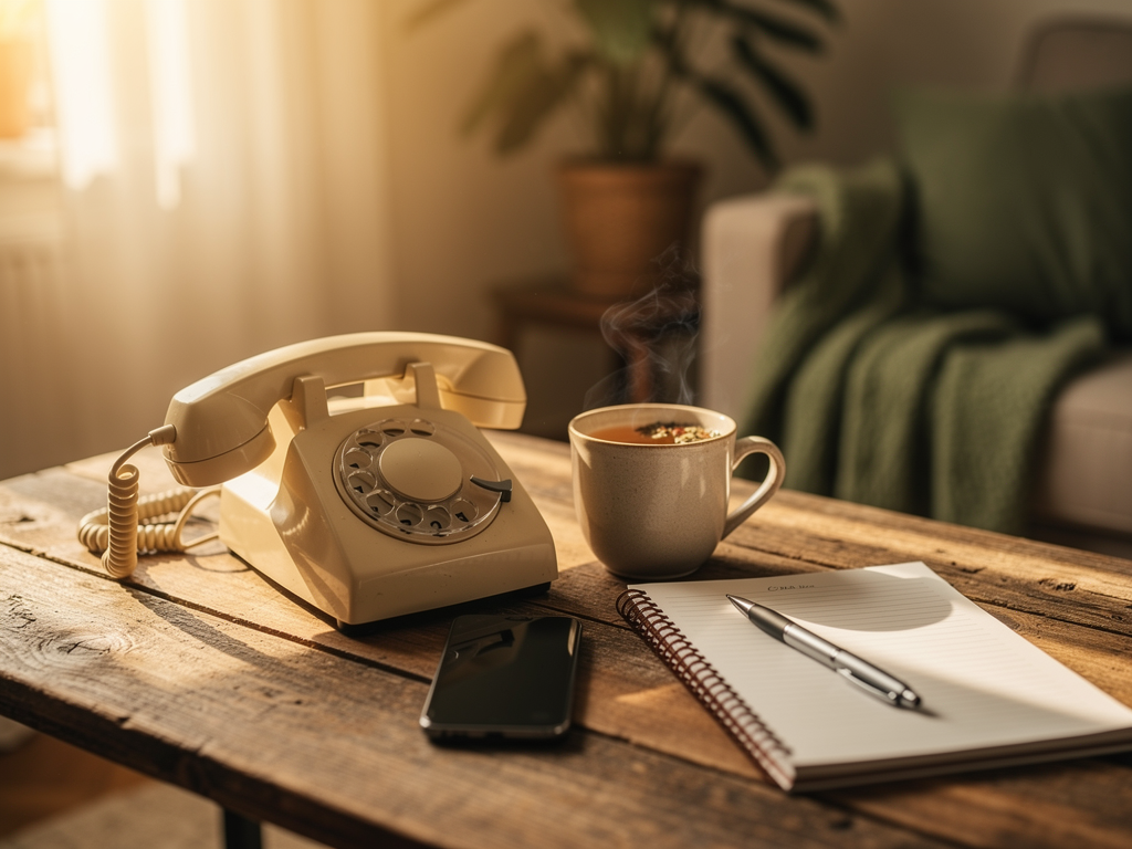A telephone and smartphone on a table beside a cup of tea, with a notepad showing helpline numbers, soft natural lighting creating a sense of accessibility and support being within reach