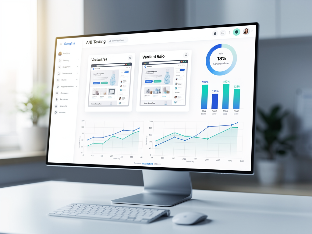 A/B test results dashboard showing two landing page variations side by side with conversion rate metrics, confidence intervals, statistical significance indicator showing 95% confidence, and recommendation to implement winning variation