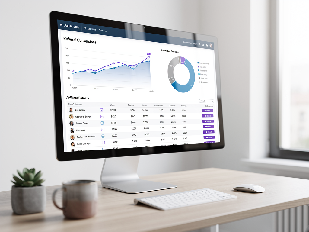 Marketing dashboard showing affiliate program metrics with referral tracking, commission calculations, and payout management interface, modern SaaS dashboard design with charts and data tables