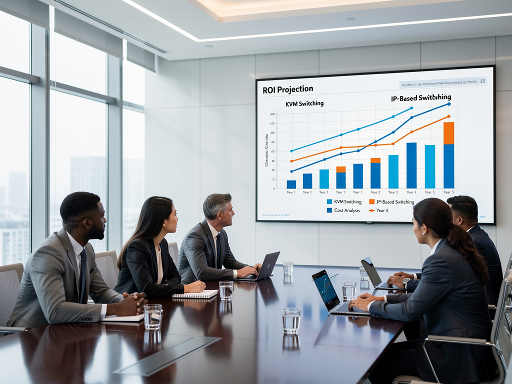 A business meeting in a modern conference room with stakeholders reviewing cost analysis charts on a presentation screen, financial graphs showing ROI projections, professional attire and engaged discussion visible