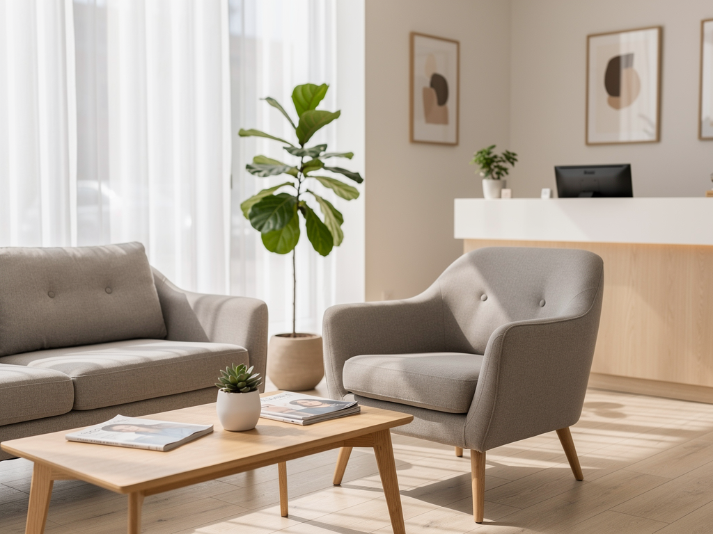 A professional British therapist office reception area, modern and welcoming design with comfortable seating, soft natural lighting through large windows, plants adding warmth, creating an atmosphere of professionalism combined with approachability for mental health services