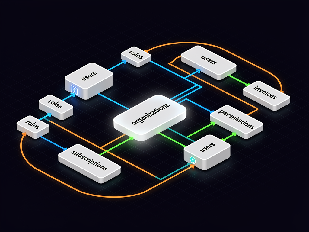 Database schema visualization showing interconnected tables for a multi-tenant SaaS application including users, organizations, subscriptions, and tenant-specific data tables, entity relationship diagram style with color-coded relationships