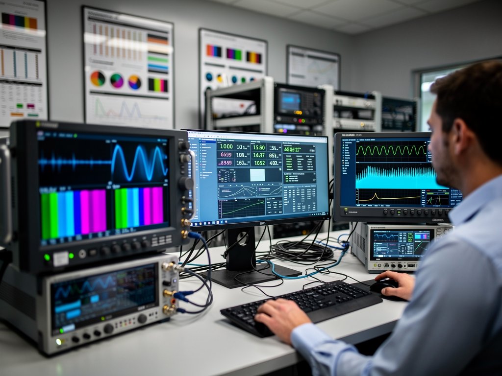 Test and measurement equipment on a workbench showing waveform monitors, video analyzers, and oscilloscopes connected to AV over IP endpoints, technician reviewing measurement results on screen, organized laboratory environment with reference charts on walls