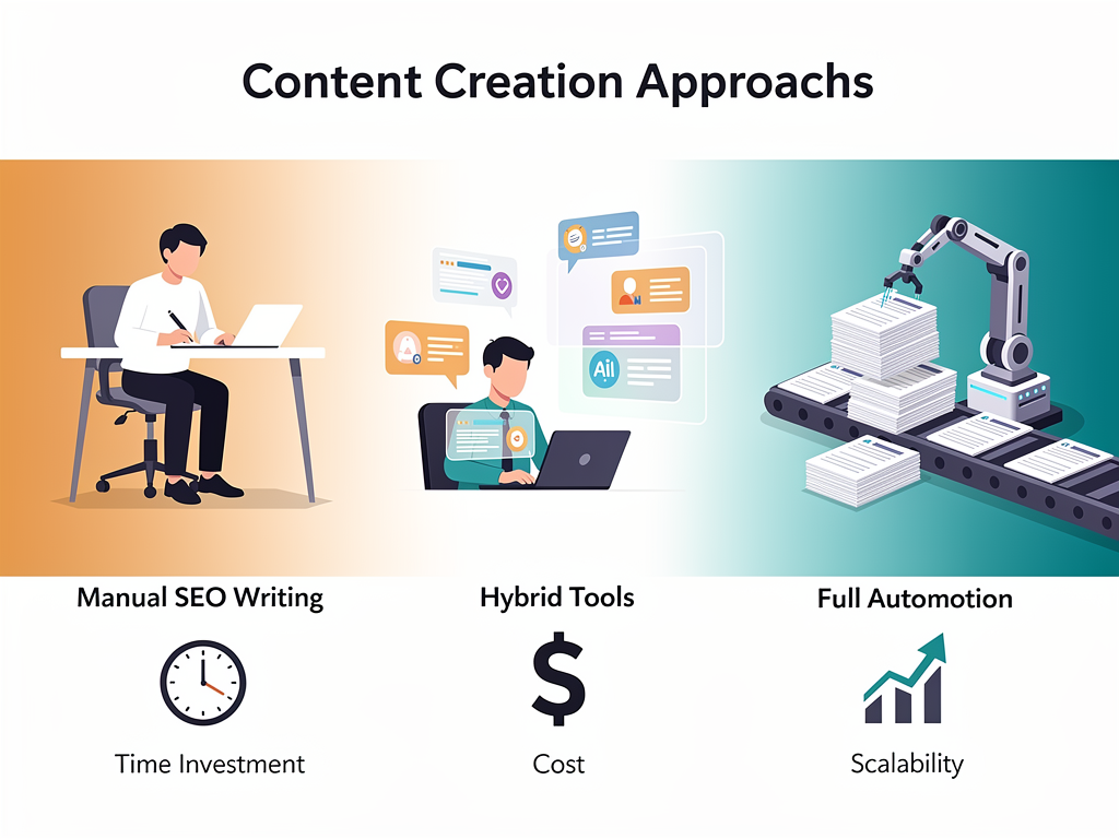 Visual spectrum diagram showing content creation approaches ranging from fully manual writing on the left through hybrid AI-assisted tools in the middle to fully automated publishing platforms on the right, with icons representing time investment, cost, and scalability at each stage