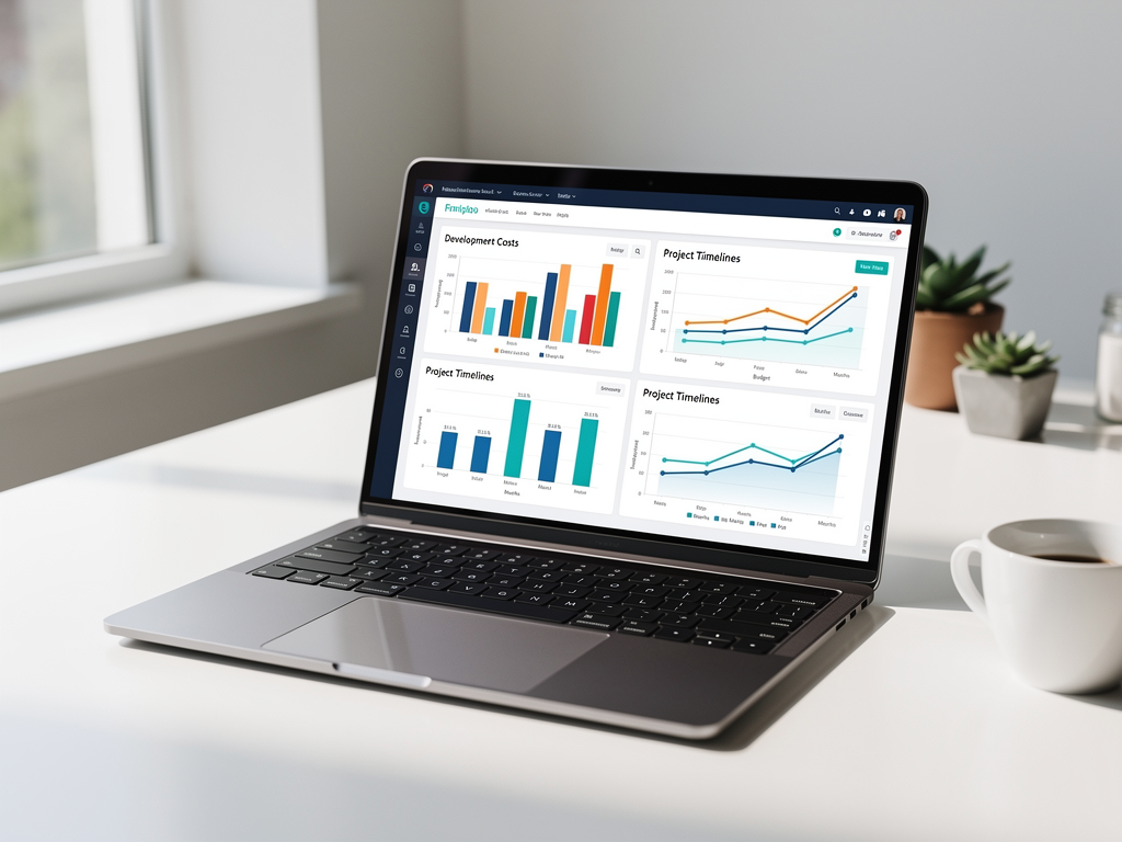 Business analytics dashboard showing cost comparison charts between custom SaaS development and template-based development, with timeline projections and ROI calculations displayed in clean, professional visualization